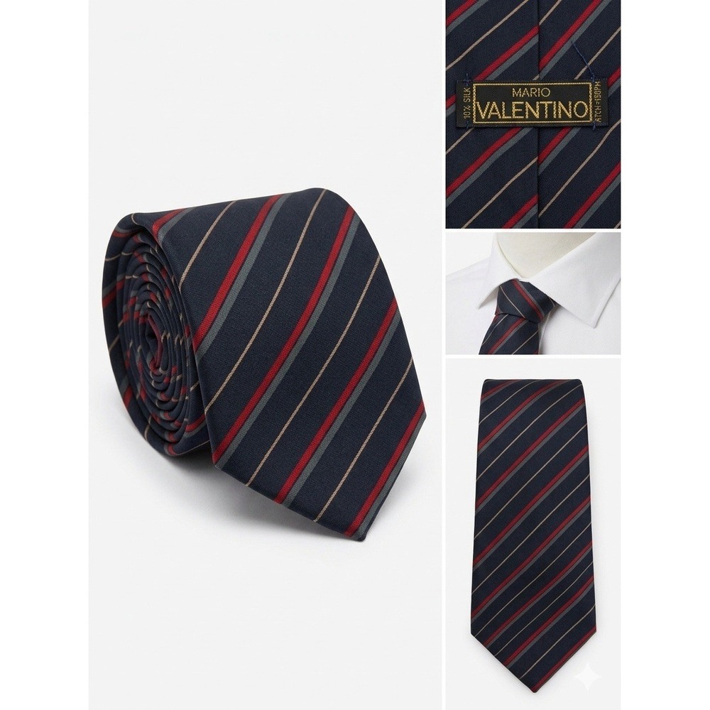 Mario Valentino Italy Silk Tie Red Navy Gray Stripe 3.5" Wide Preppy Ivy